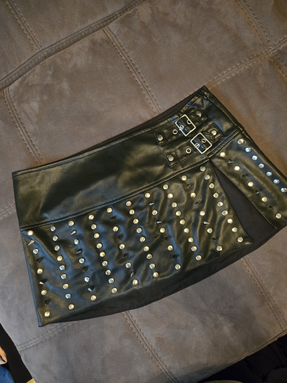 Current Mood Black Faux Leather Studded Mini Skirt with Buckles